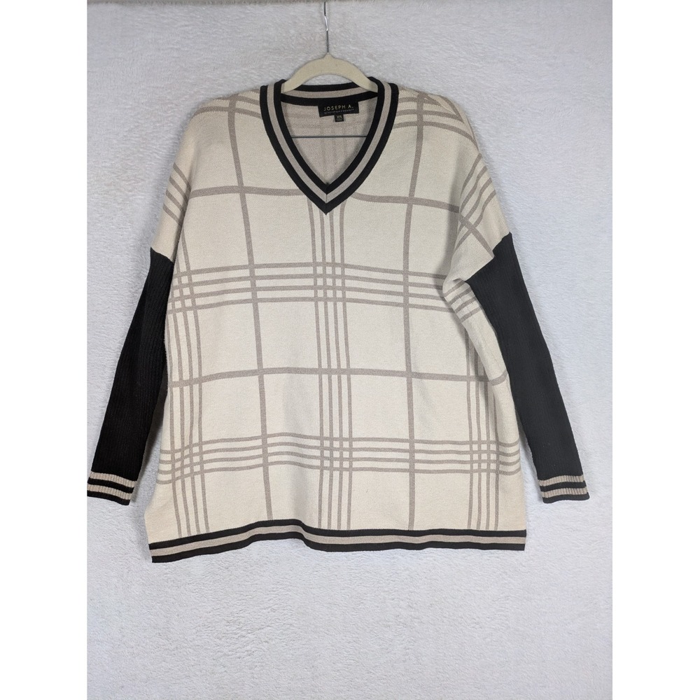 Joseph A. Sweater Women's XS Cream Plaid V-Neck Ribbed Sleeve Side Slit Nylon